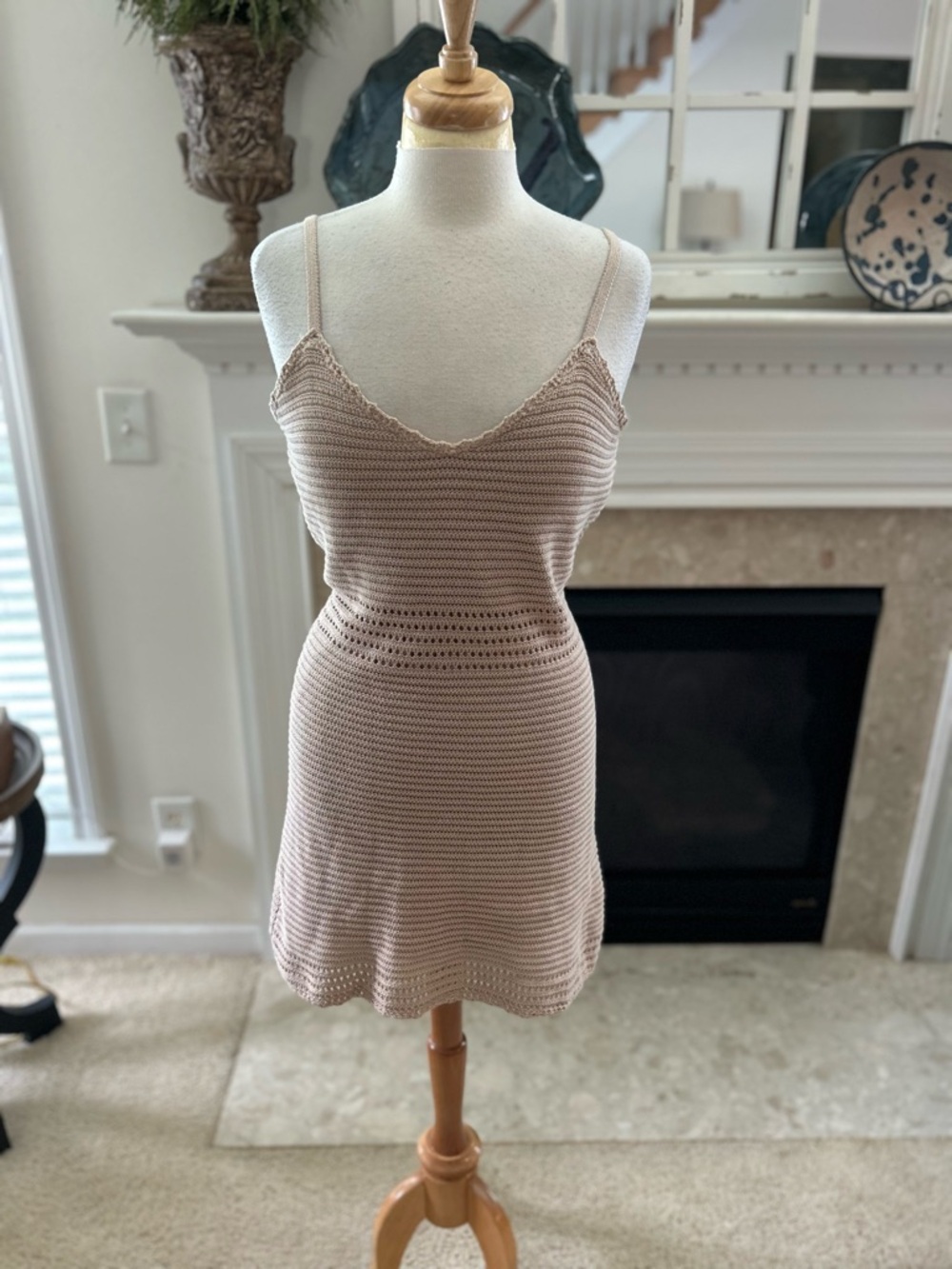 Just Found Crochet Knit Spaghetti Strap Dress in Neutral Beige